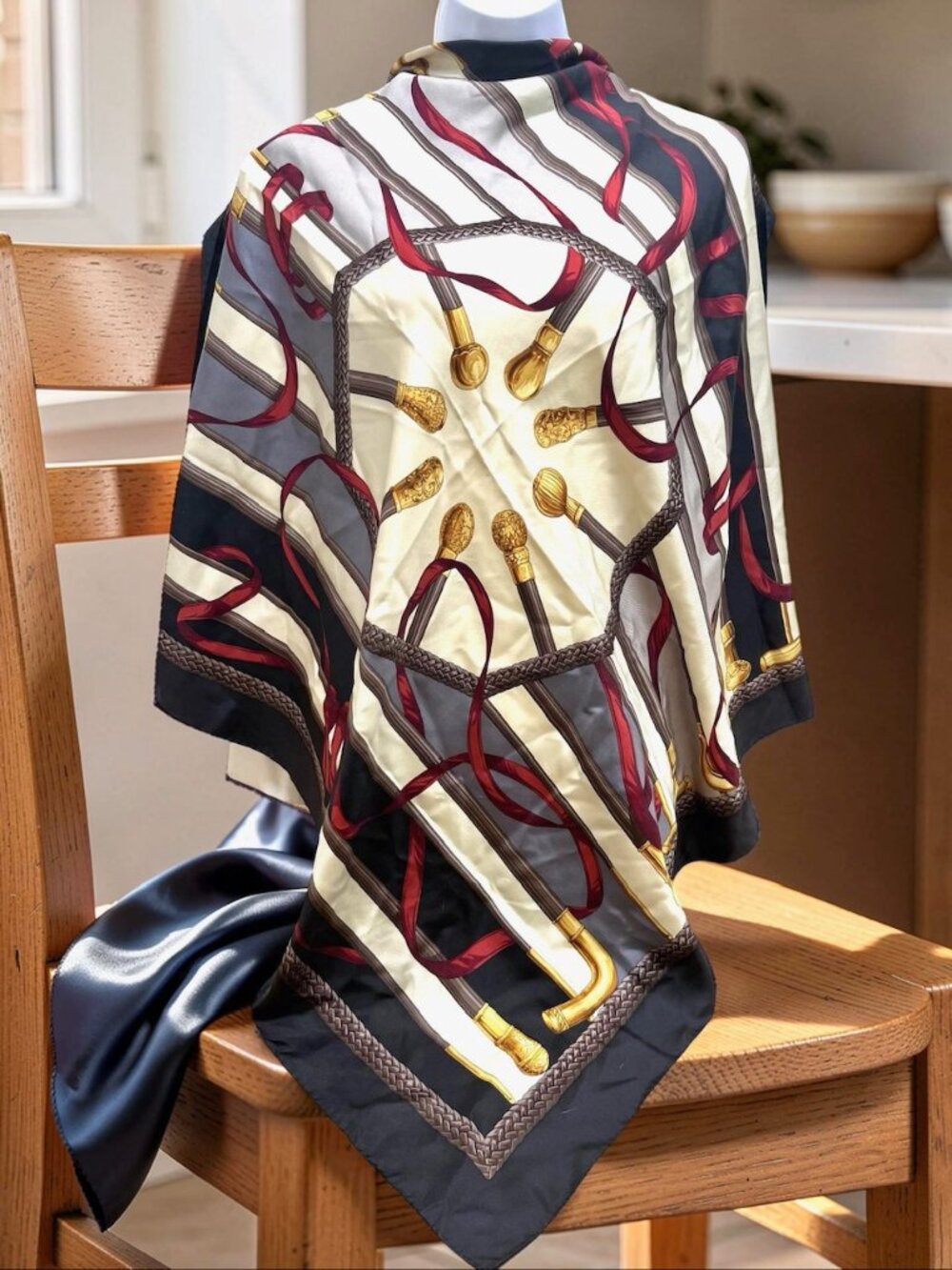 Trussardi 100% Silk Scarf 35" Beige Black Gray Red bow art striped (29)
